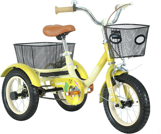 12 inch Trike,Kids Tricycle with Front Rear Basket and Passenger Seat