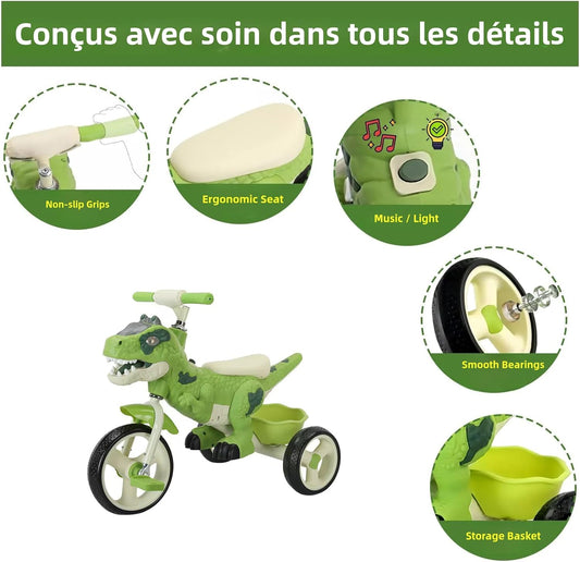 Dinosaur Kids Tricycle for Rider- Toddlers Kid Trike Bike Big Wheel with Music