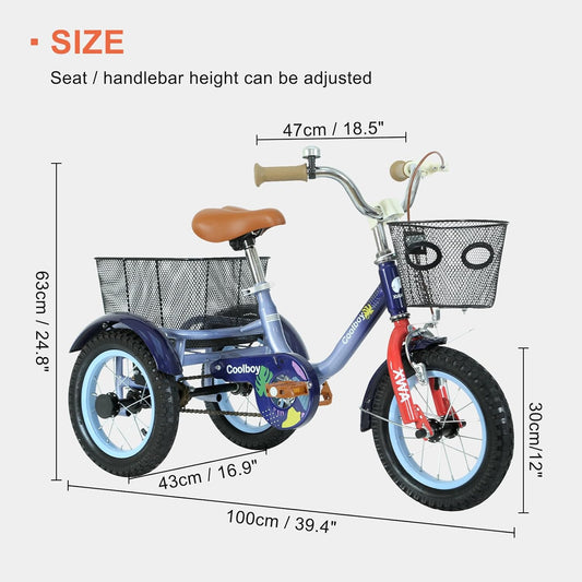 12 inch Trike,Kids Tricycle with Front Rear Basket and Passenger Seat